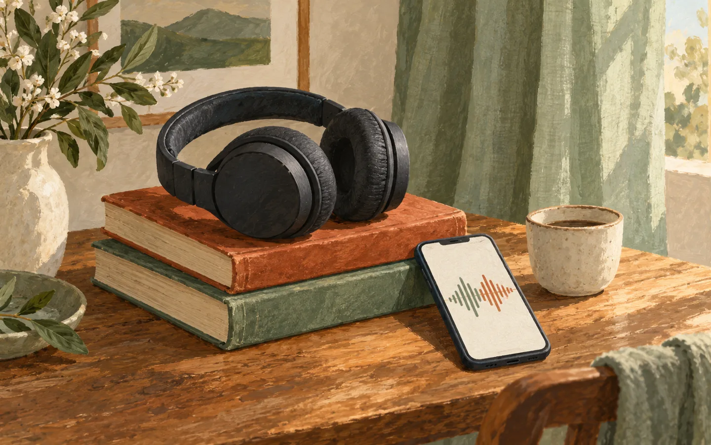 Illustrazione: cuffie e libri per l’ascolto di audiolibri