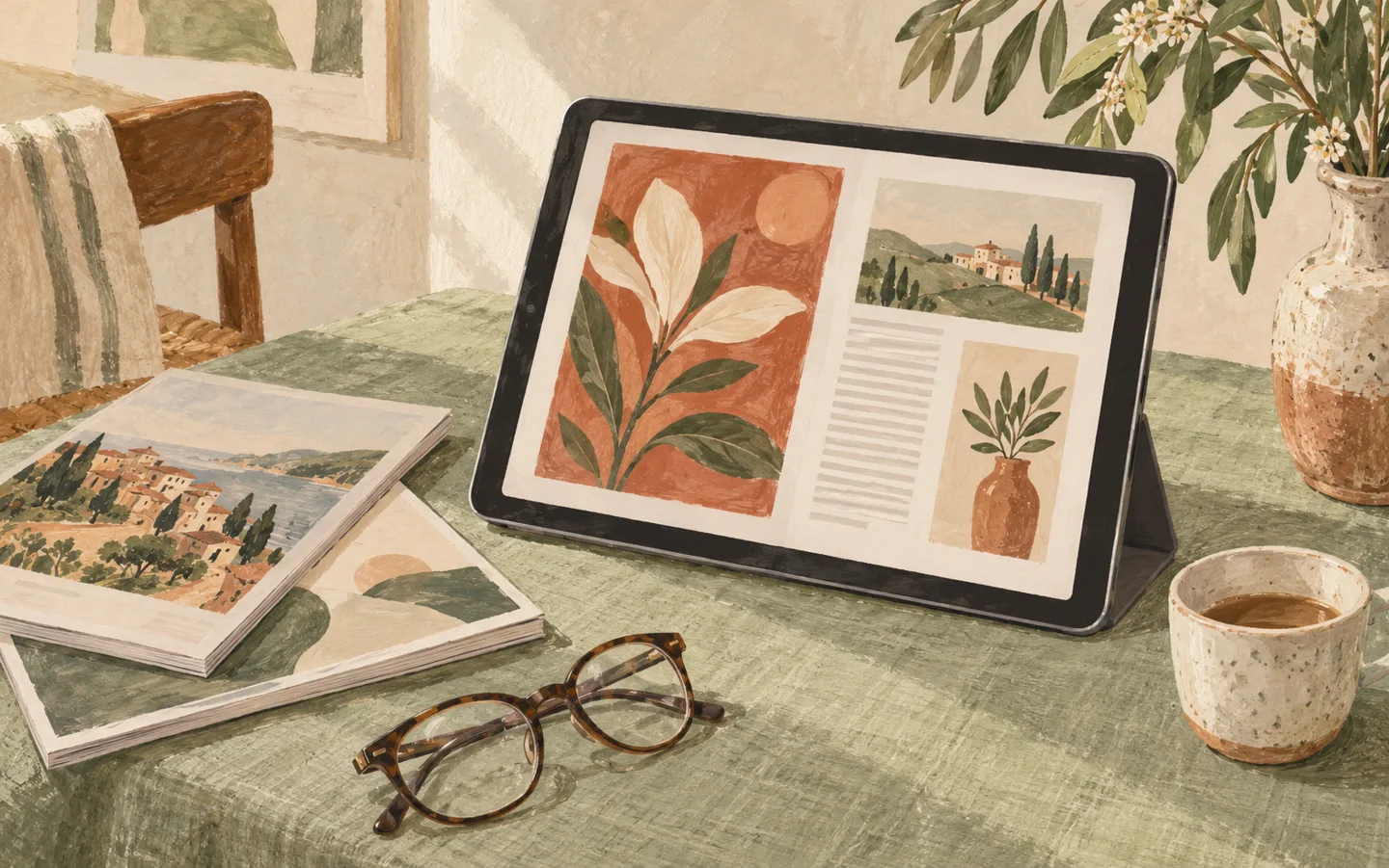 Illustrazione: lettura di riviste digitali su tablet
